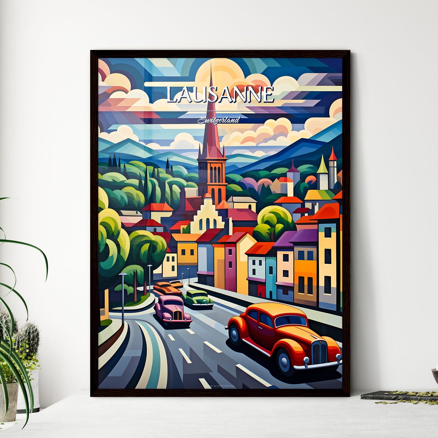 Lausanne, Switzerland - Art print of a painting of a street with cars and buildings Framed Art