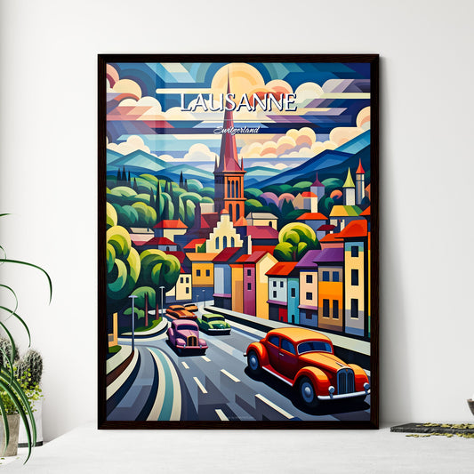 Lausanne, Switzerland - Art print of a painting of a street with cars and buildings Framed Art