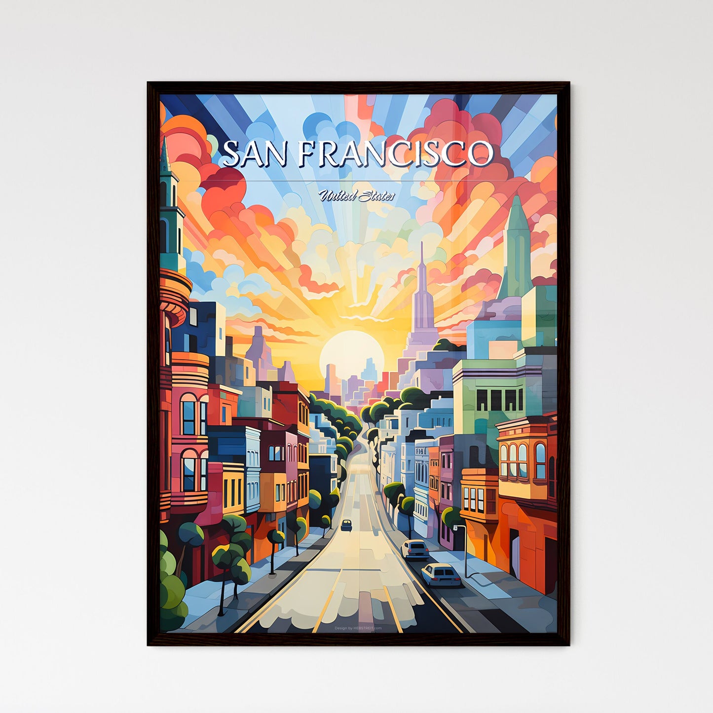 San Francisco - Art print of a street with cars and buildings in the background Framed Art