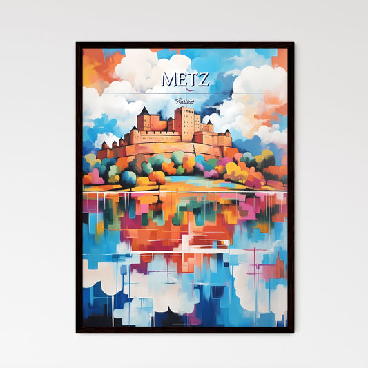 Metz, France - Art print of a painting of a castle on a hill with trees and water Framed Art