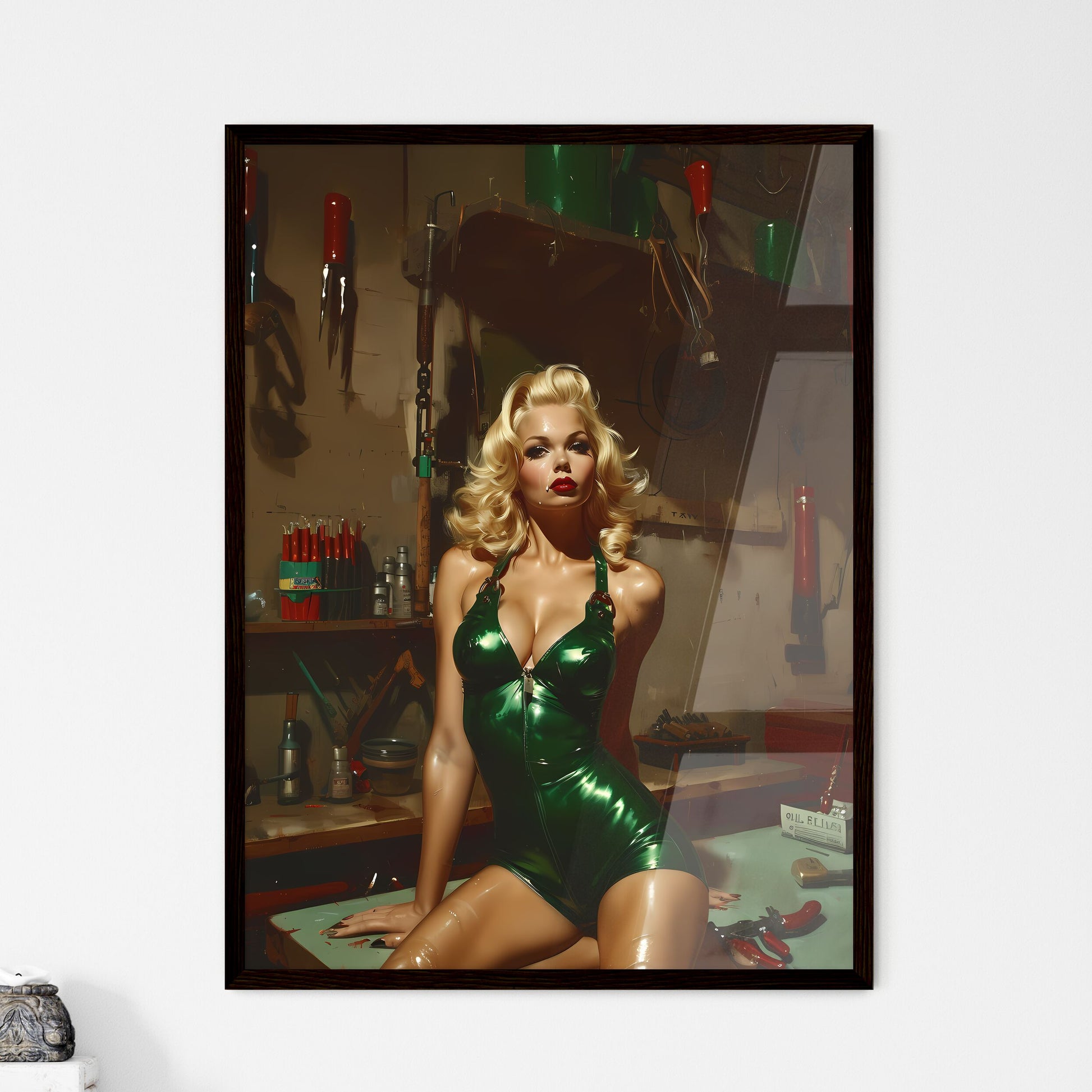 Full body shot pin up garage worker girl - Framed Art Print