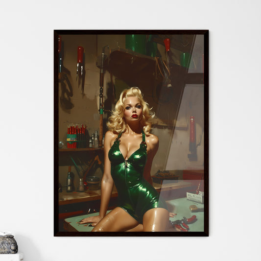 Full body shot pin up garage worker girl - Framed Art Print