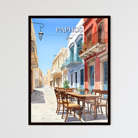 Paphos, Cyprus - Art print of a watercolor of a street with a table and chairs Framed Art