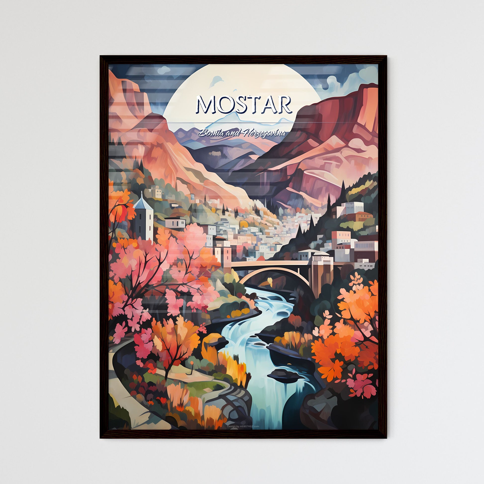 Mostar, Bosnia and Herzegovina - Art print of a painting of a town and a river Framed Art