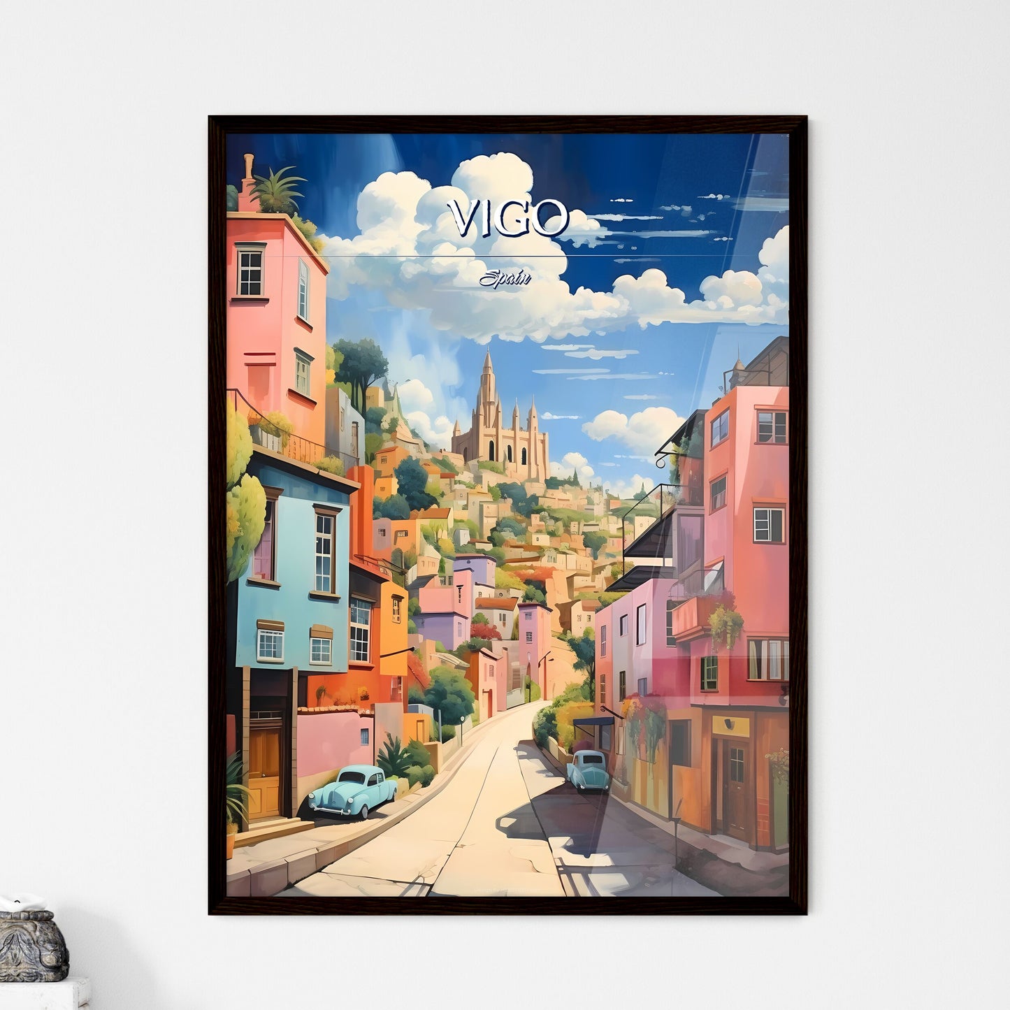 Vigo, Spain - Art print of a street with colorful buildings and a castle in the background Framed Art