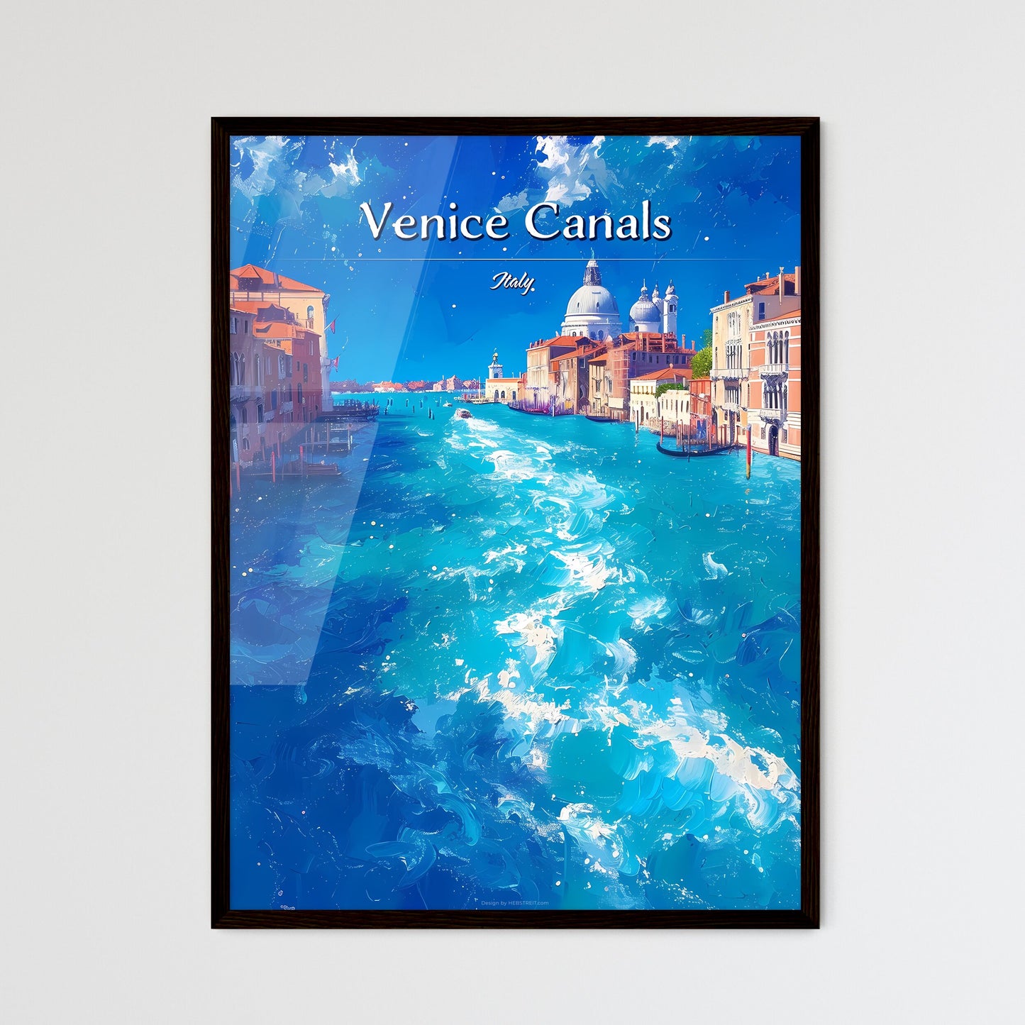 Venice Canals, Italy - Art print of a water way with buildings and a church Framed Art