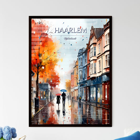 Haarlem, Netherlands - Art print of a couple walking down a street with umbrellas Framed Art