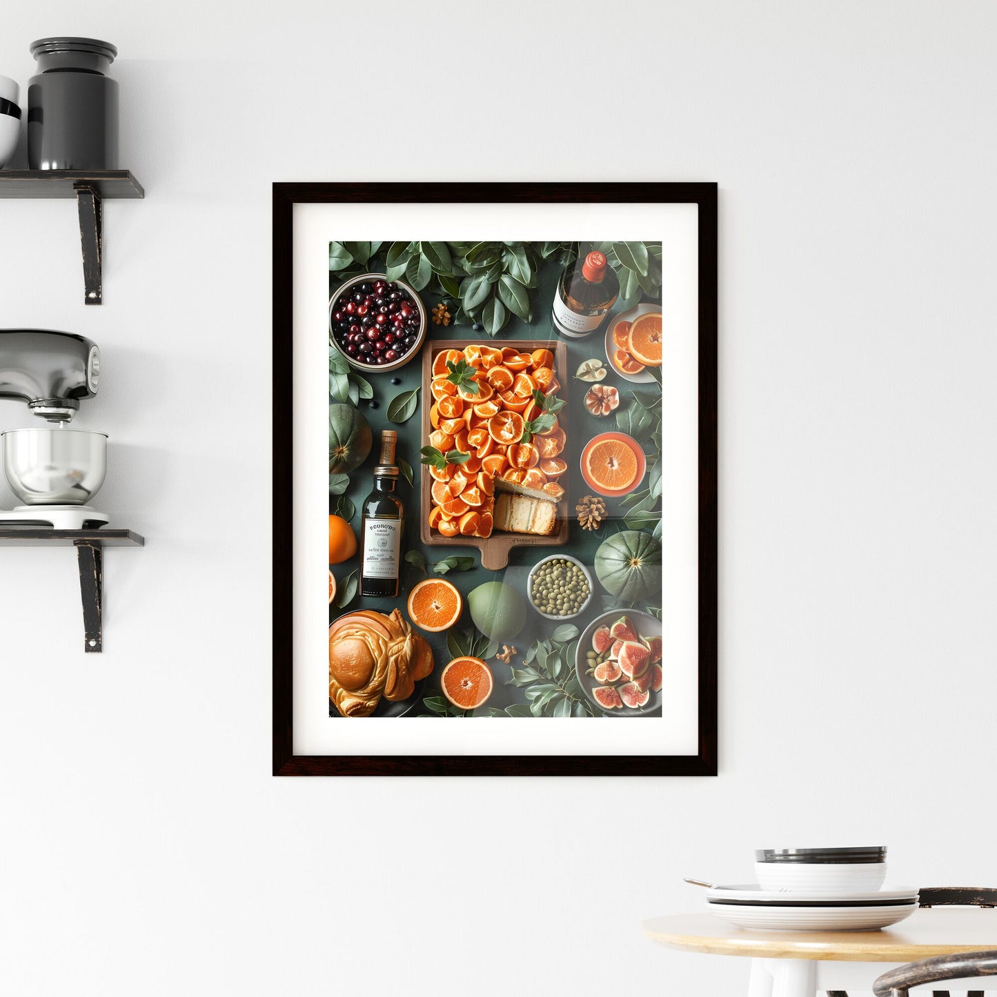 View from above on a laid table, birthday, cake, plates, presents - Art print of a table full of fruit and a bottle of wine Default Title