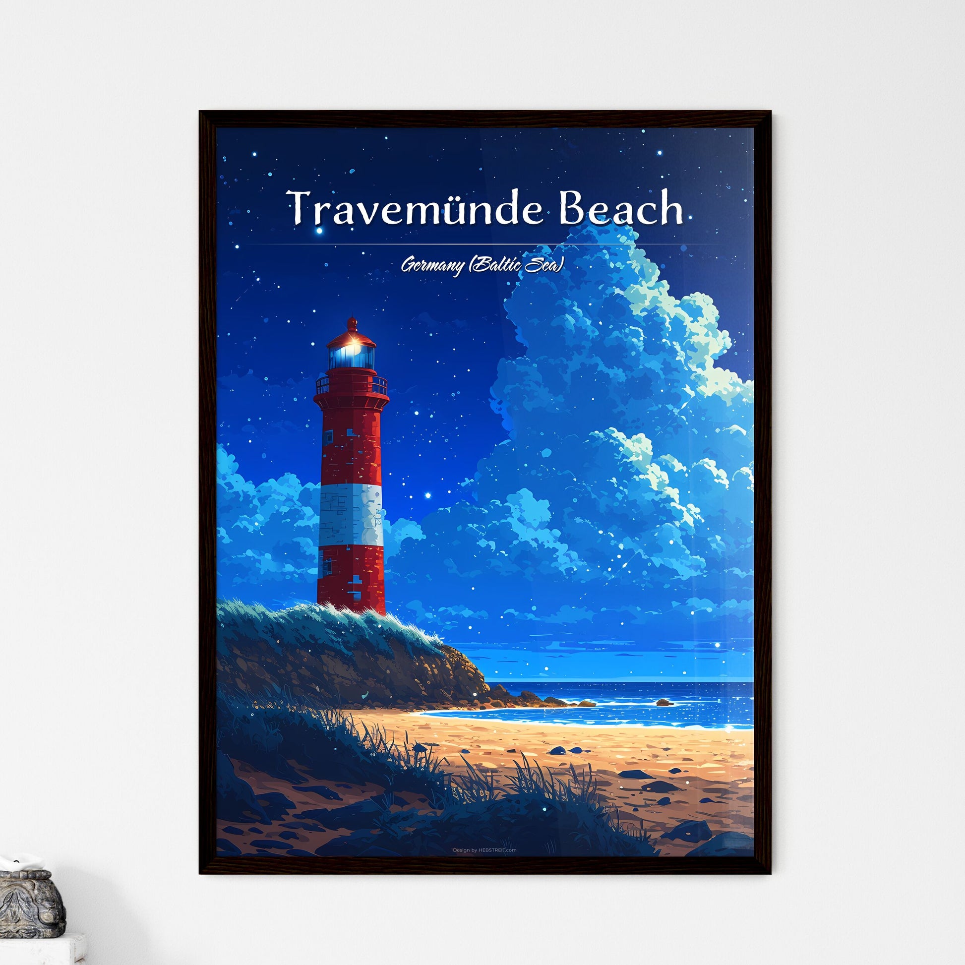 Travemünde Beach, Germany (Baltic Sea) - Art print of a lighthouse on a beach Framed Art