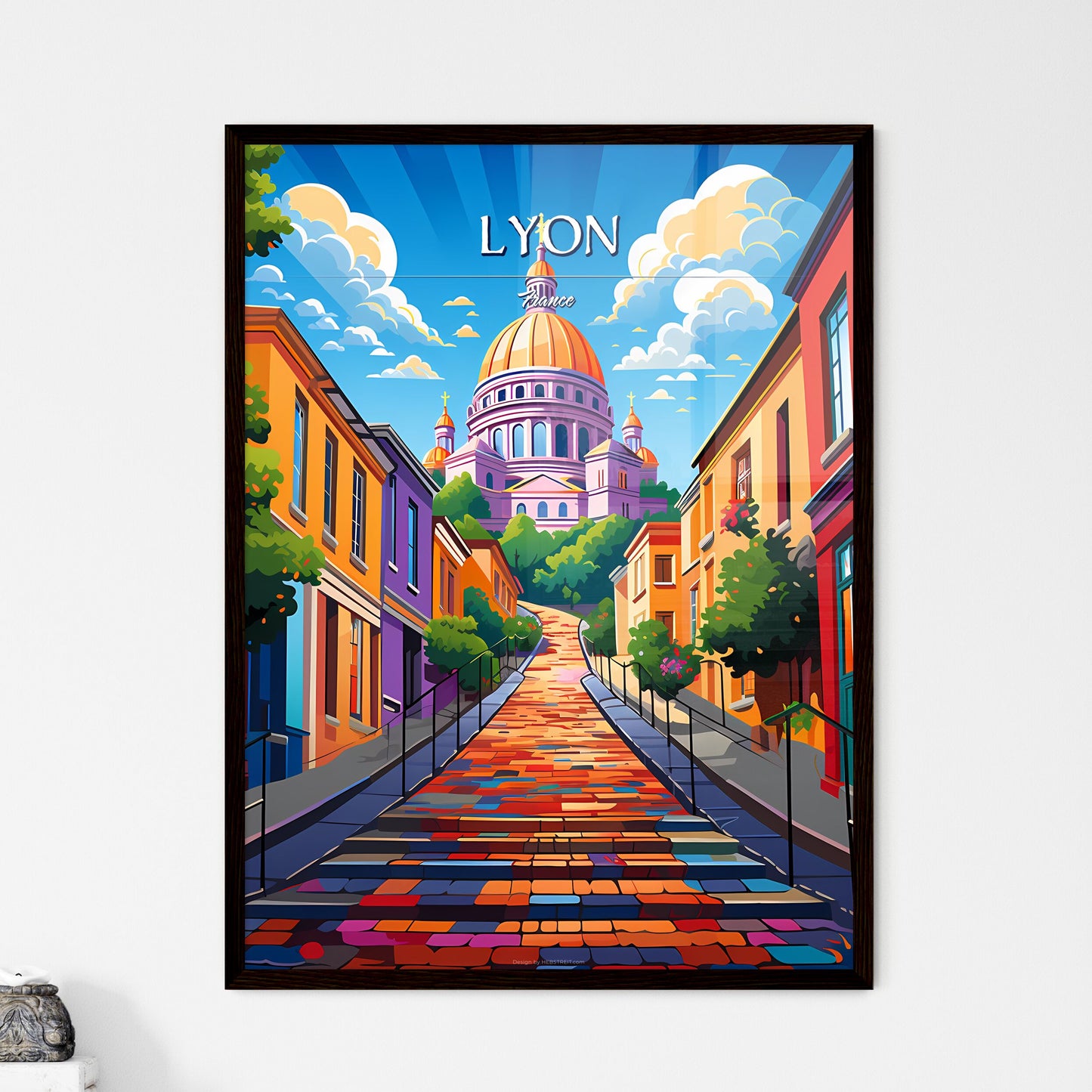 Lyon, France - Art print of a colorful street with a building in the background Framed Art