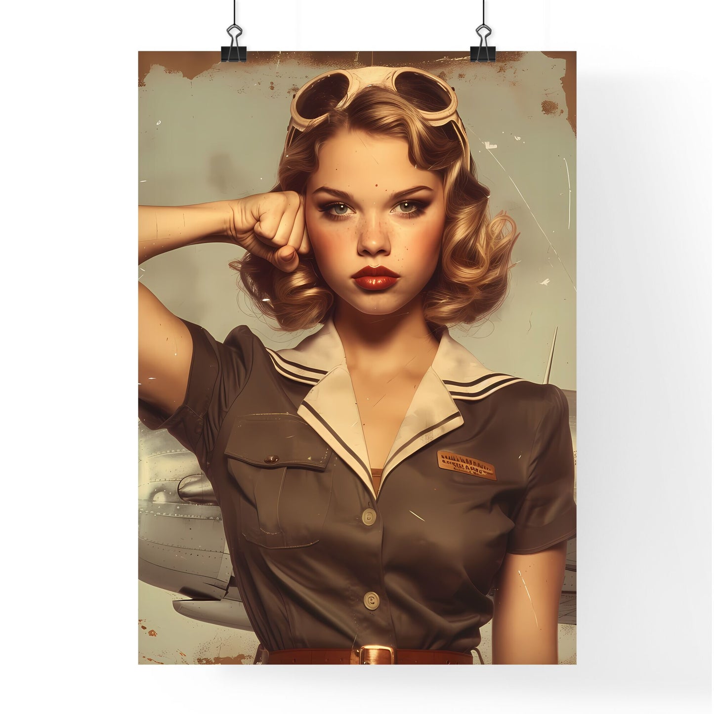 You can do it woman, vintage artwork, flexing bicep, wearing flight attendant uniform, making a serious face - Art print of a woman in uniform with her hand on her head Default Title