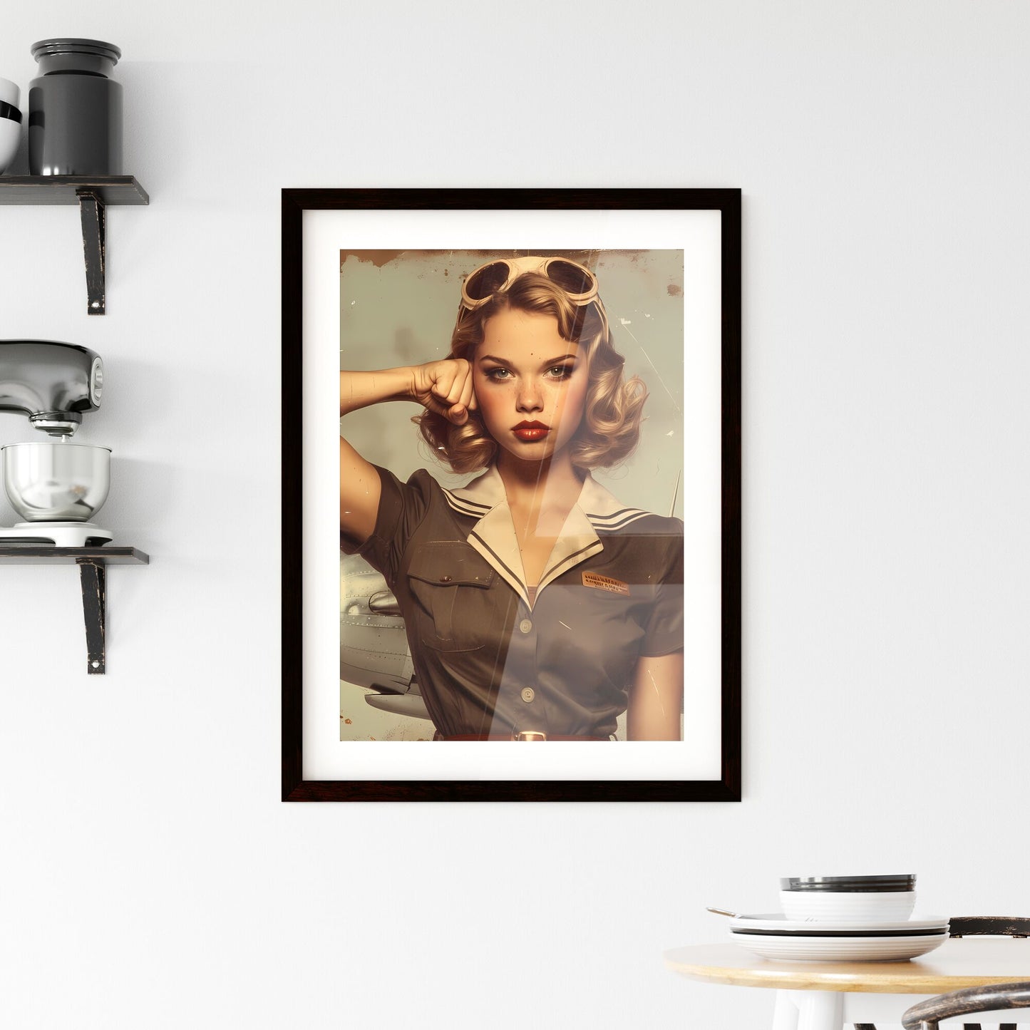 You can do it woman, vintage artwork, flexing bicep, wearing flight attendant uniform, making a serious face - Art print of a woman in uniform with her hand on her head Default Title