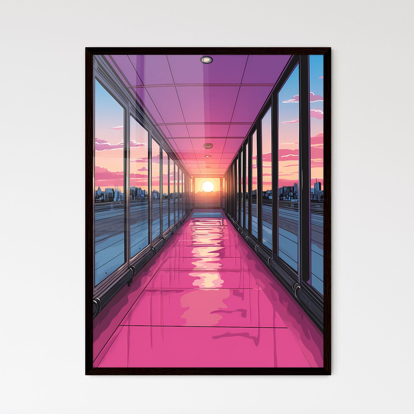 Pack your bags with adaptability today - Art print of a long hallway with a pink floor and glass windows Framed Art