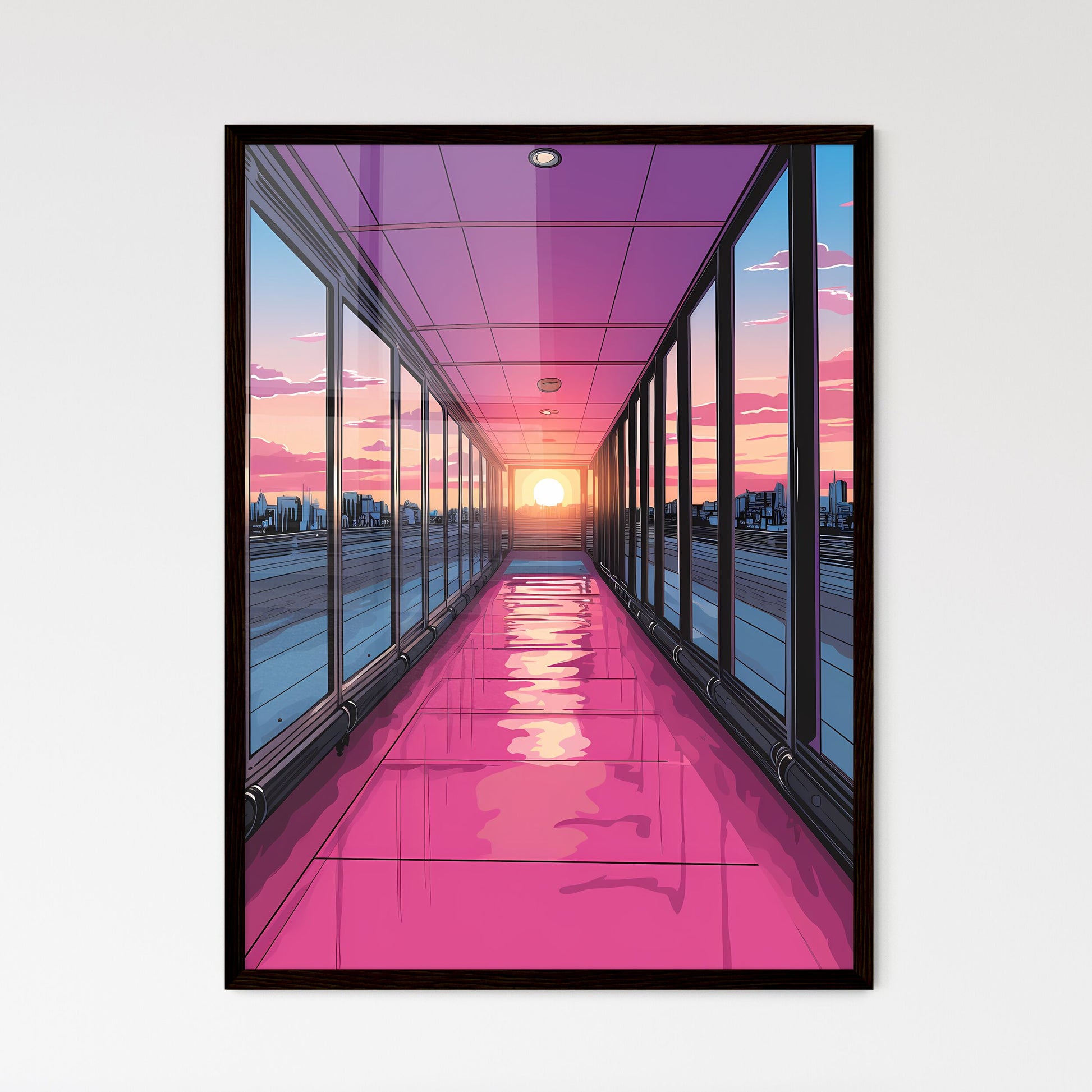 Pack your bags with adaptability today - Art print of a long hallway with a pink floor and glass windows Framed Art