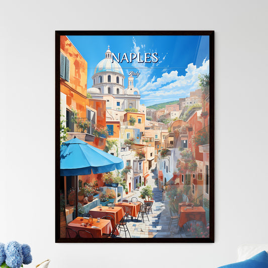 Naples, Italy - Art print of a street with tables and chairs in a city Framed Art
