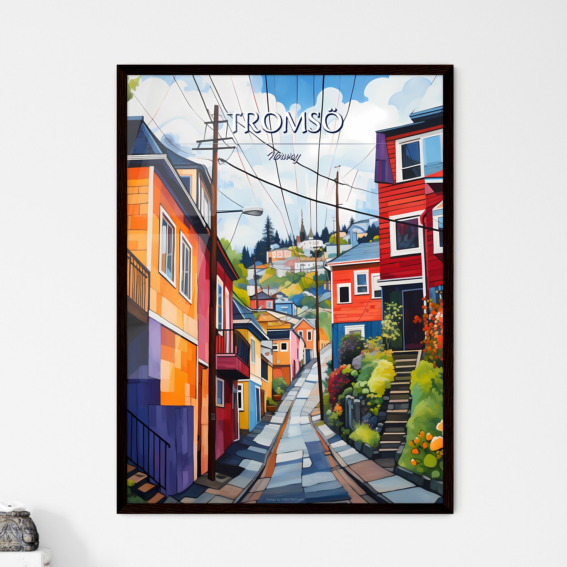 Tromsö, Norway - Art print of a painting of a street with colorful houses Framed Art