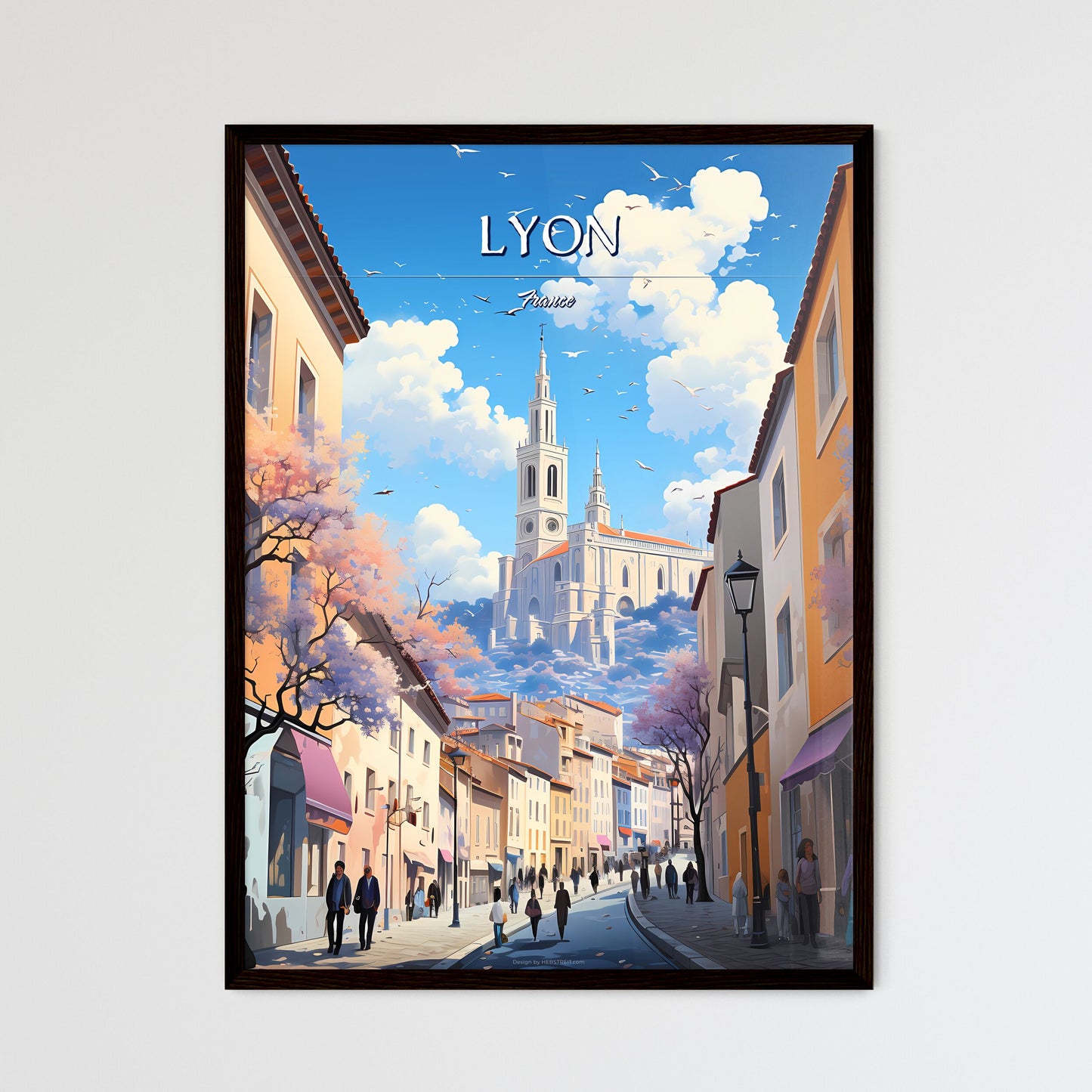 Lyon, France - Art print of a street with people walking down it and a castle in the distance Framed Art