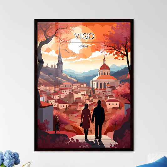 Vigo, Spain - Art print of a man and woman walking on a path in a town Default Title