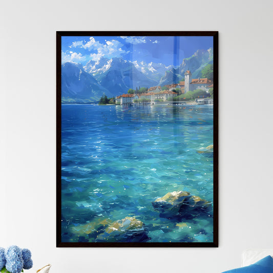 Lake Geneva, Switzerland/France - Art print of a body of water with a town on the side Framed Art