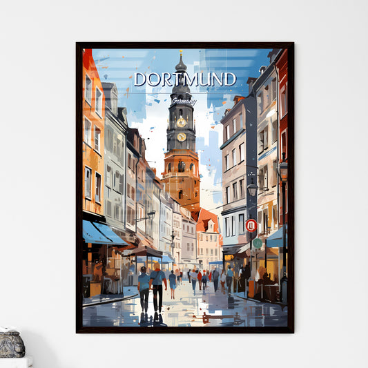 Dortmund, Germany - Art print of a street with a clock tower in the background Framed Art