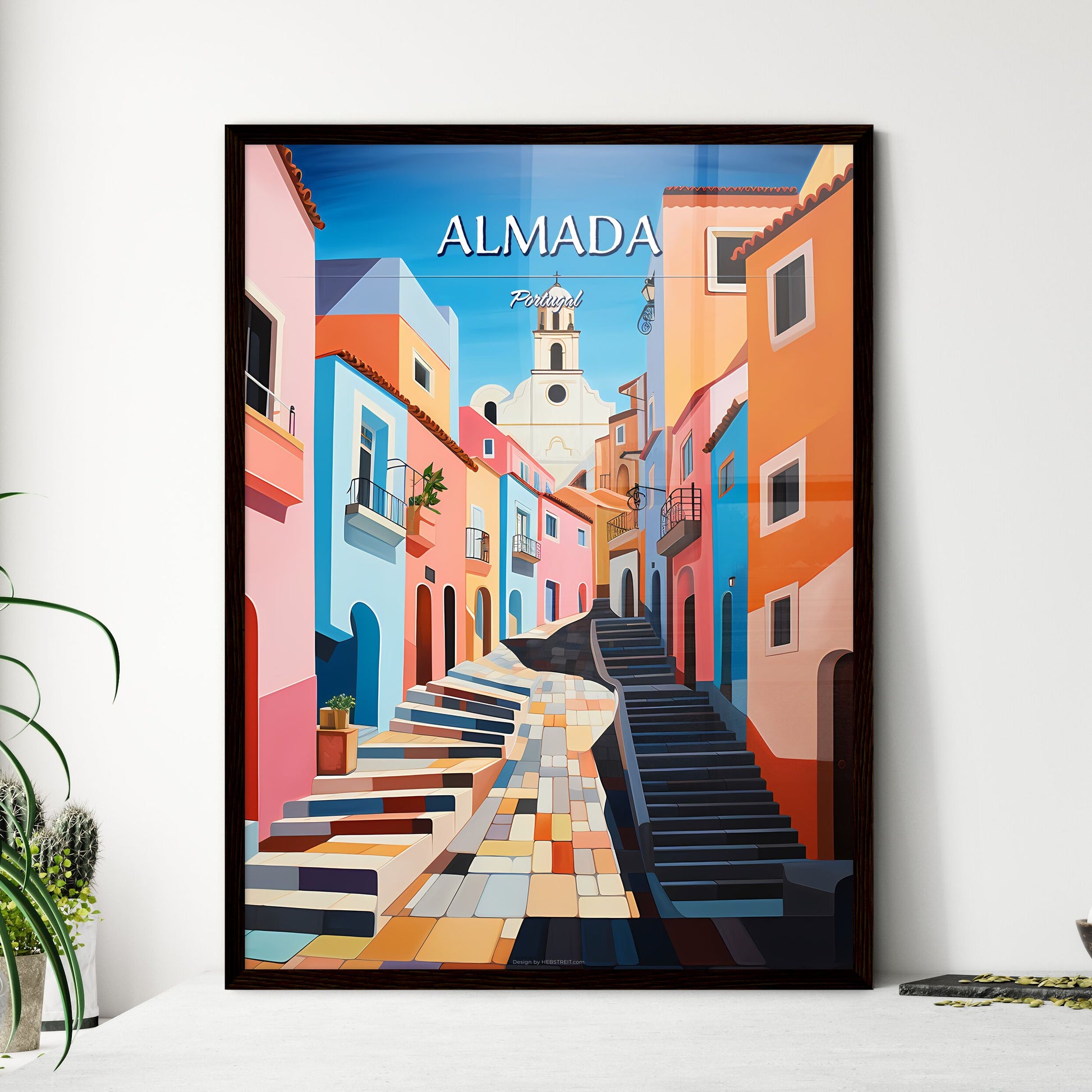 Almada, Portugal - Art print of a colorful alley with stairs and a church Framed Art