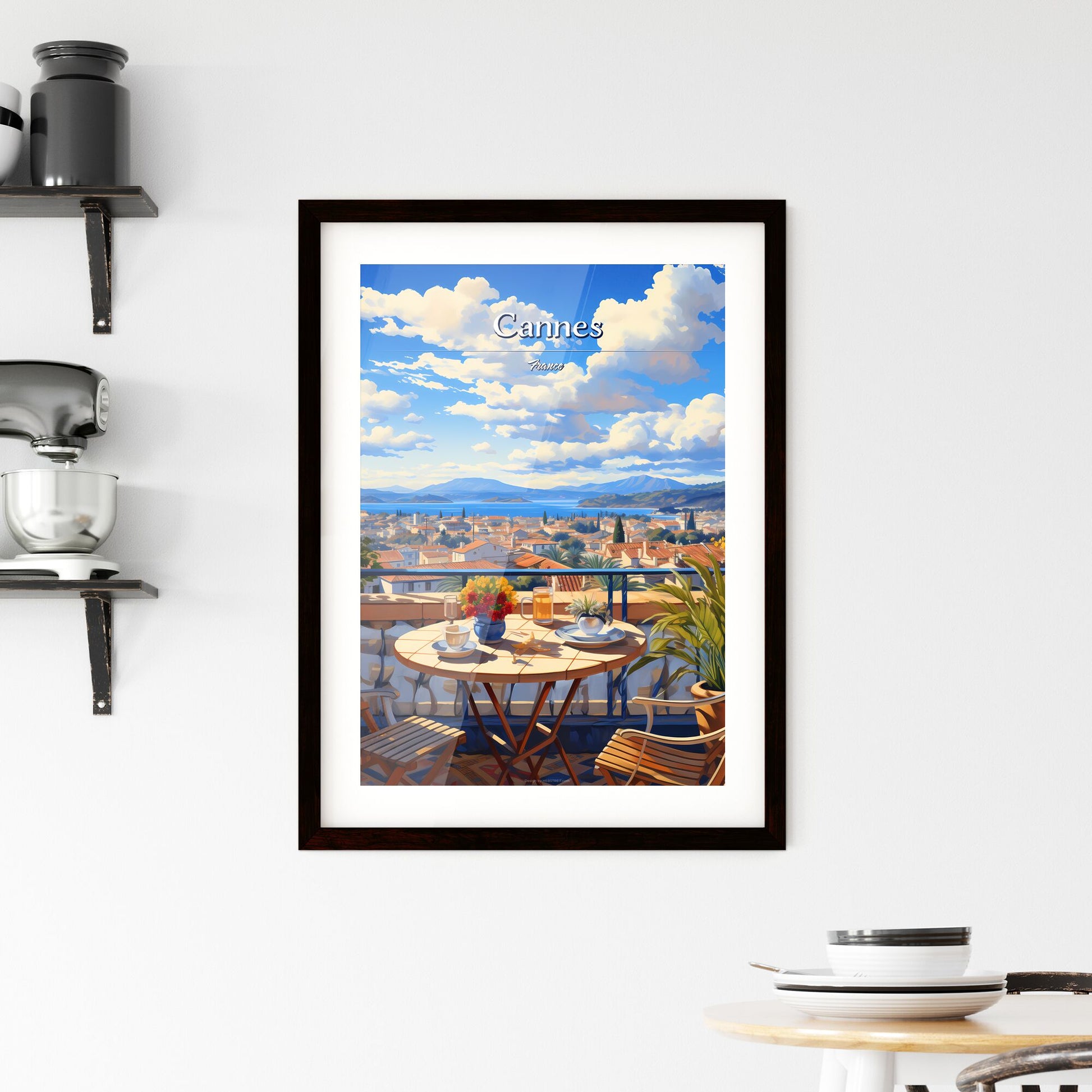 On the roofs of Cannes, France - Art print of a table and chairs on a balcony overlooking a city Default Title