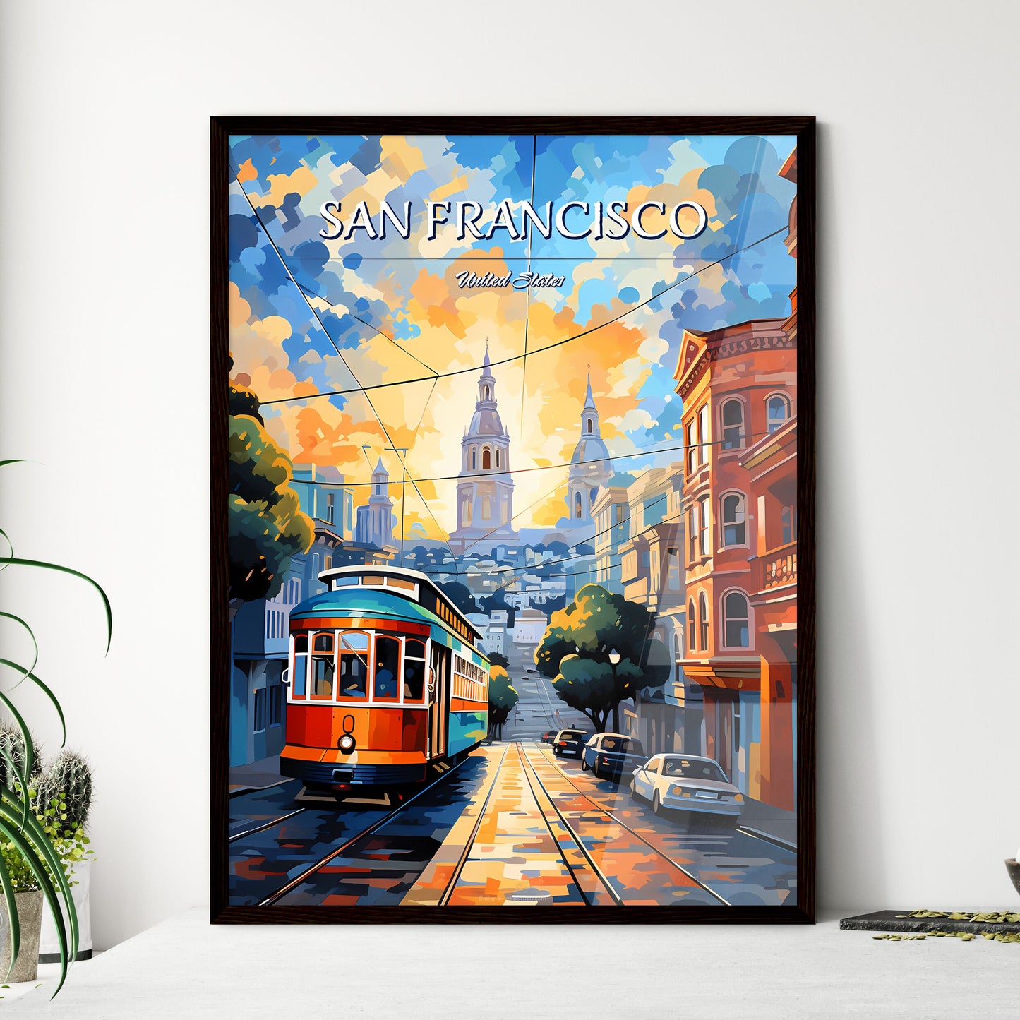 San Francisco - Art print of a trolley on a street with cars and buildings in the background Framed Art