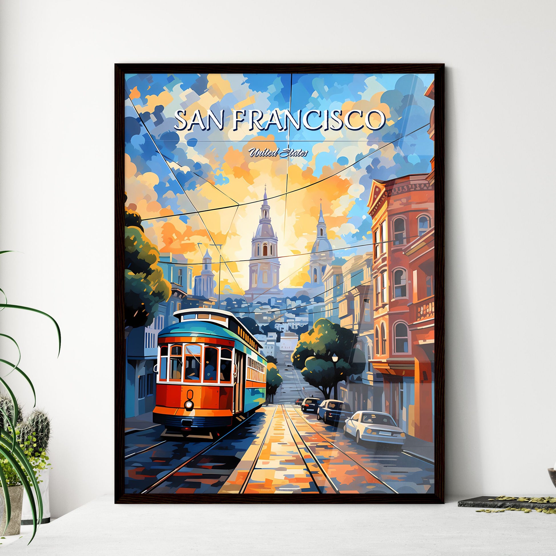 San Francisco - Art print of a trolley on a street with cars and buildings in the background Framed Art