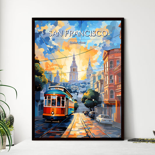 San Francisco - Art print of a trolley on a street with cars and buildings in the background Framed Art