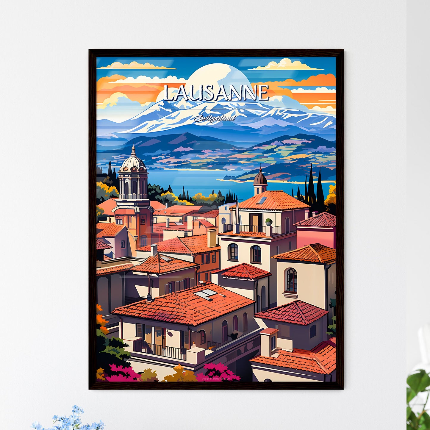 Lausanne, Switzerland - Art print of a town with red roofs and trees and mountains in the background Framed Art