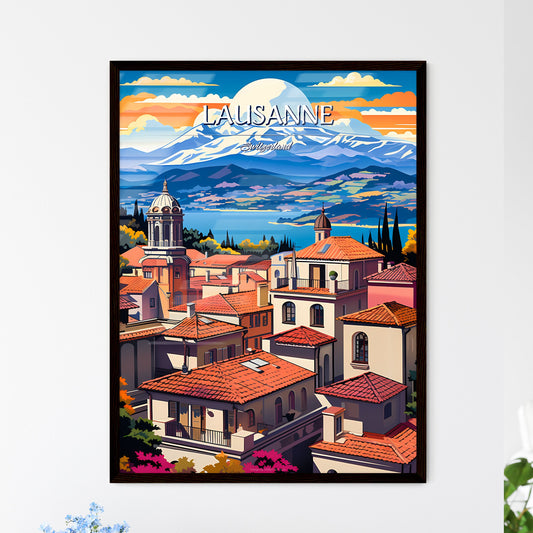 Lausanne, Switzerland - Art print of a town with red roofs and trees and mountains in the background Framed Art