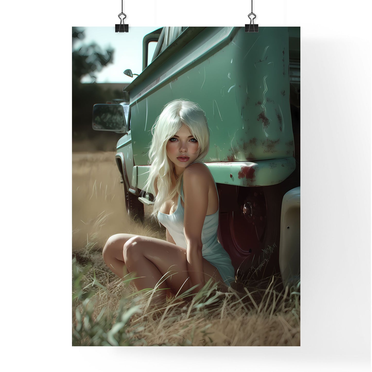 Sitting pin up factory worker girl,looking amazing - Art print of a woman sitting in a field next to a green truck Default Title