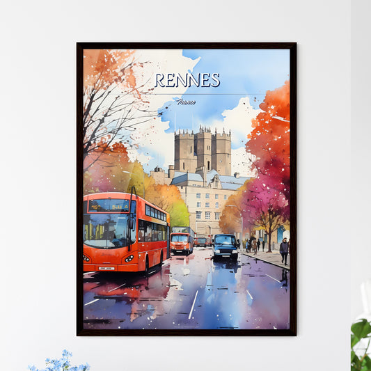 Rennes, France - Art print of a watercolor of a street with a bus and cars Framed Art