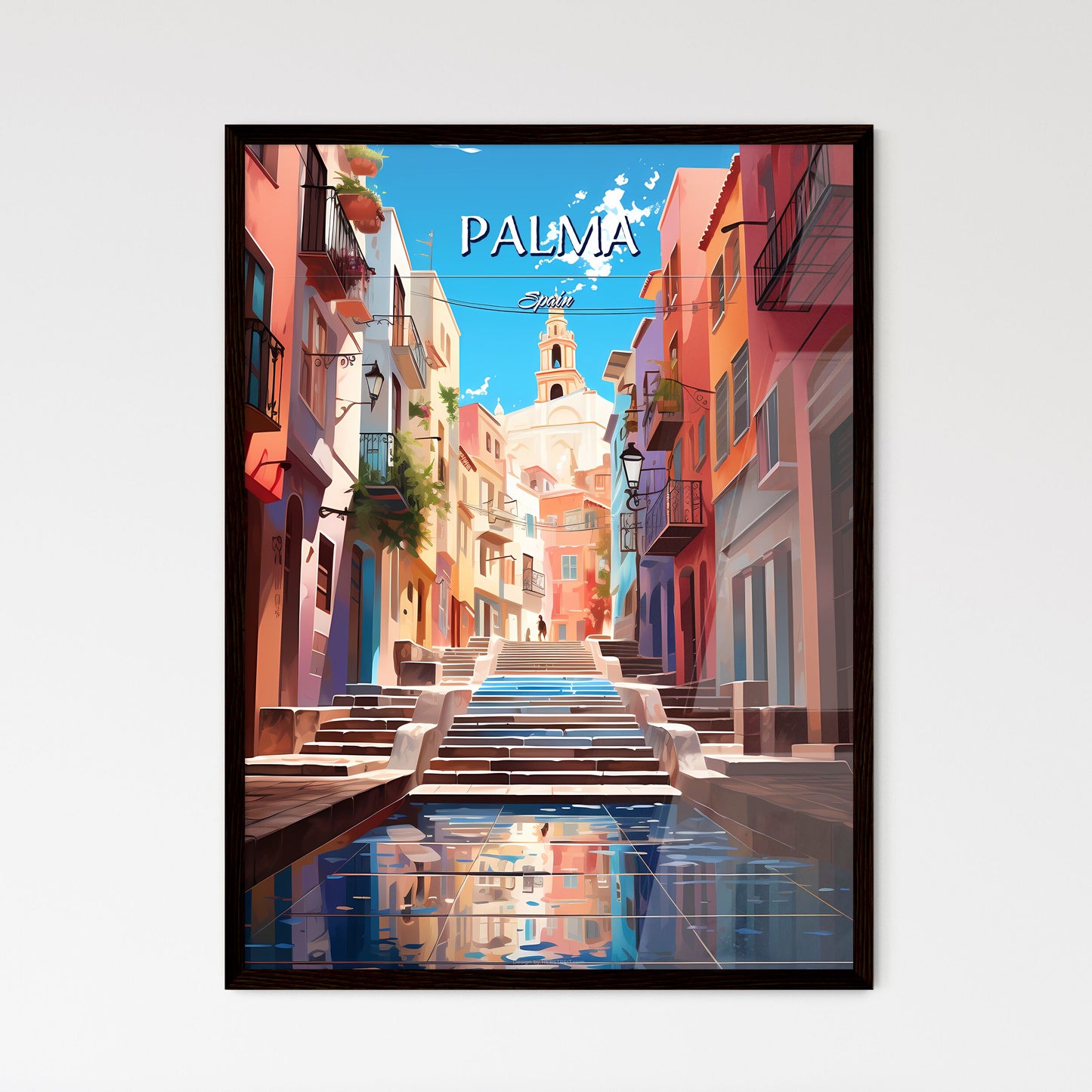 Palma, Spain - Art print of a street with stairs and water in front of buildings Framed Art
