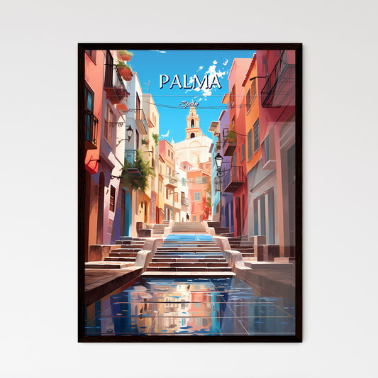 Palma, Spain - Art print of a street with stairs and water in front of buildings Framed Art