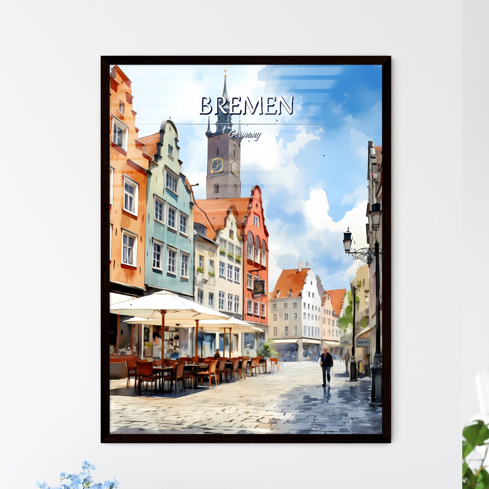 Bremen, Germany - Art print of a street with tables and chairs in front of buildings with Wittenberg in the background Framed Art