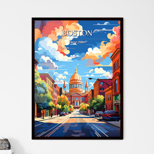 Boston - Art print of a street with cars and a building in the background Framed Art