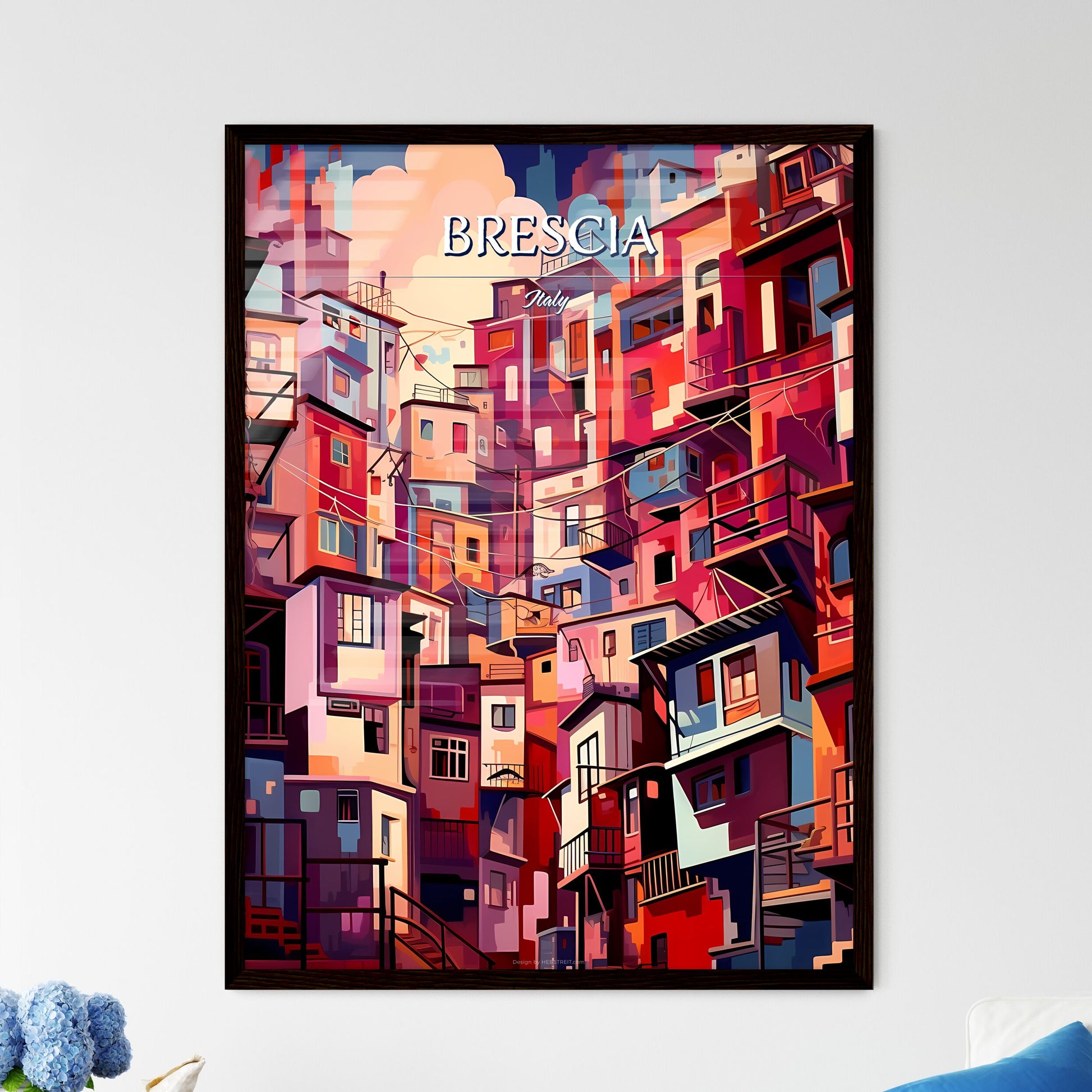 Brescia, Italy - Art print of a colorful city with many buildings Framed Art