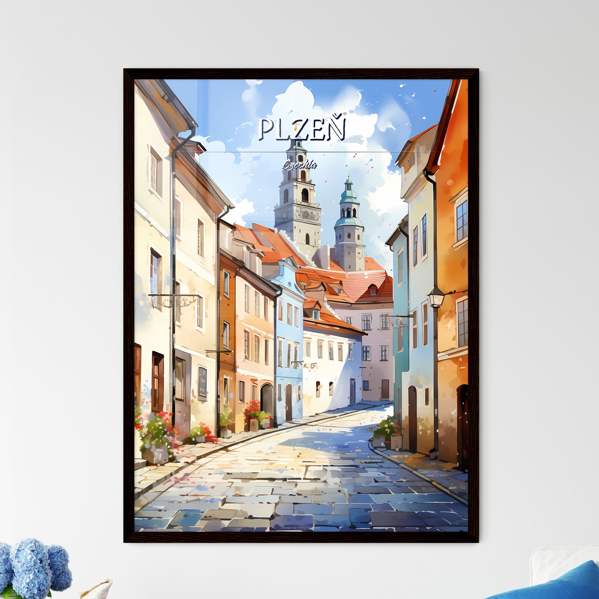 Plzeň, Czechia - Art print of a street with buildings and a tower Framed Art
