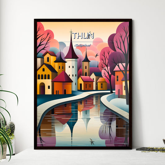 Thun, Switzerland - Art print of a colorful landscape with a river and houses Framed Art