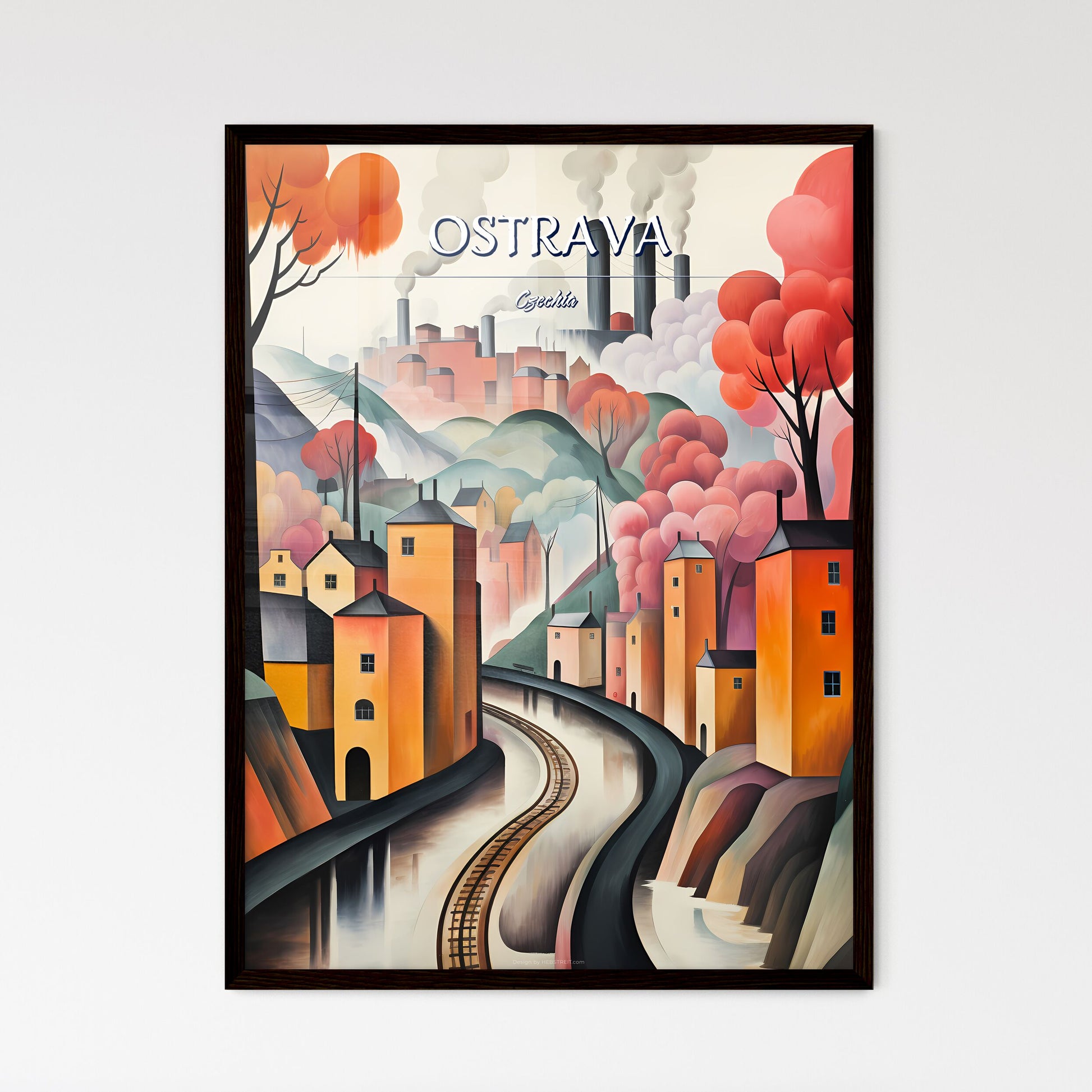 Ostrava, Czechia - Art print of a painting of a town with trees and smoke coming out of it Framed Art