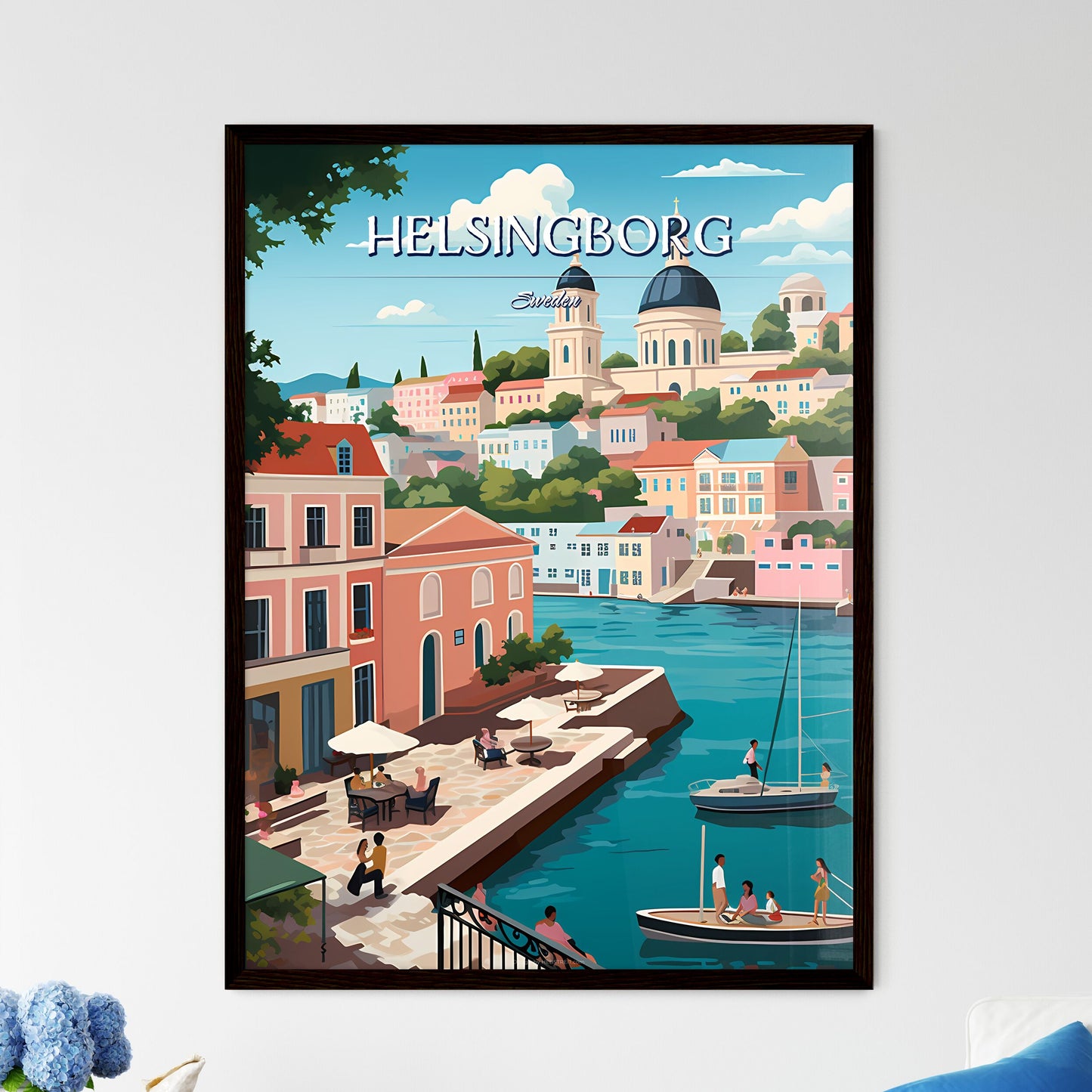 Helsingborg, Sweden, - Art print of a water way with buildings and a boat Framed Art