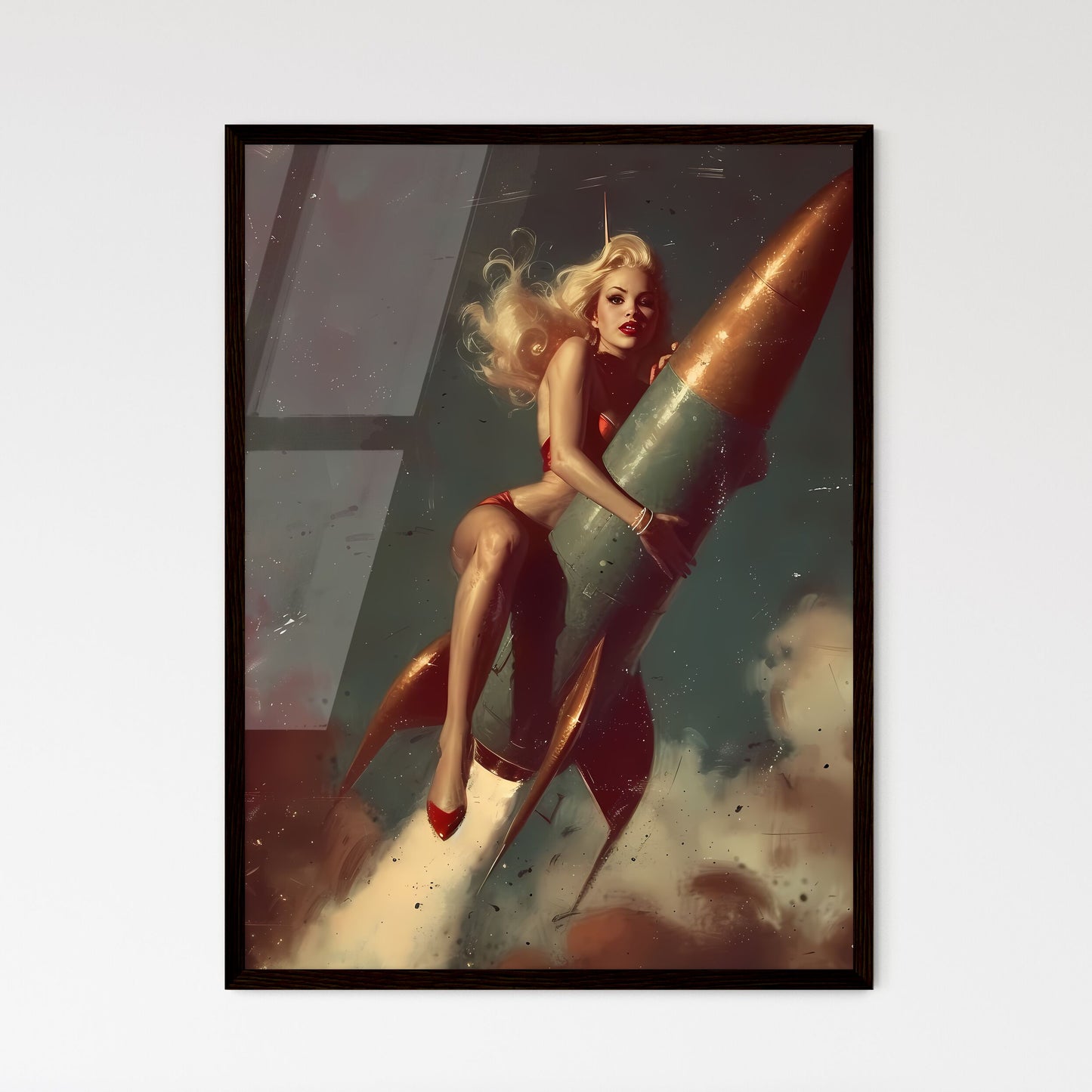 The head nurse sharply directed the nurses riding a rocket - Art print of a woman in garment holding a rocket Default Title