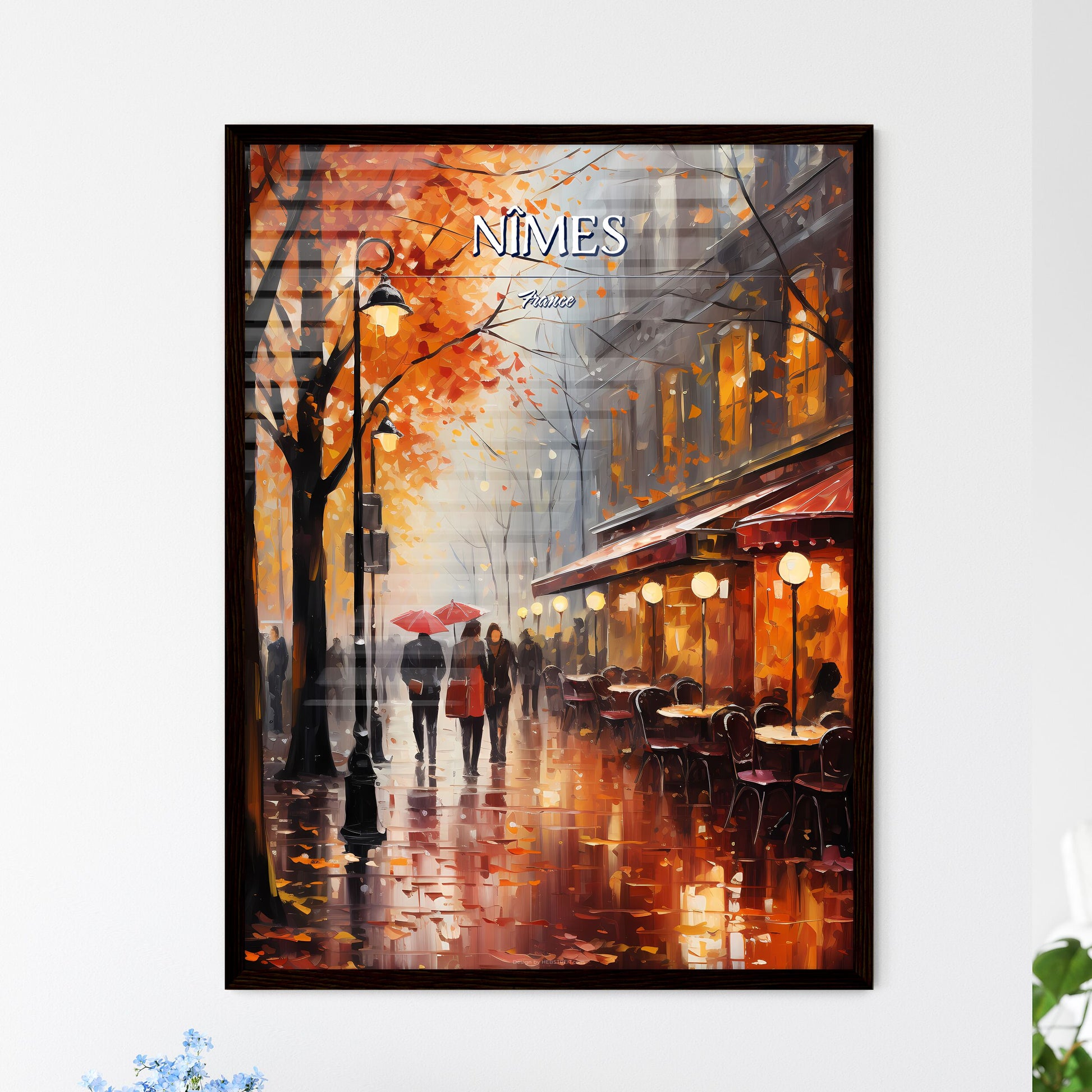 Nîmes, France - Art print of a painting of people walking on a sidewalk with tables and chairs Framed Art