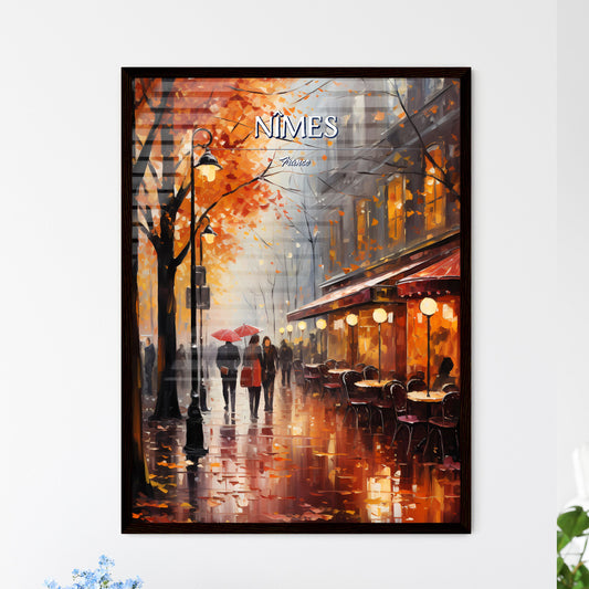 Nîmes, France - Art print of a painting of people walking on a sidewalk with tables and chairs Framed Art