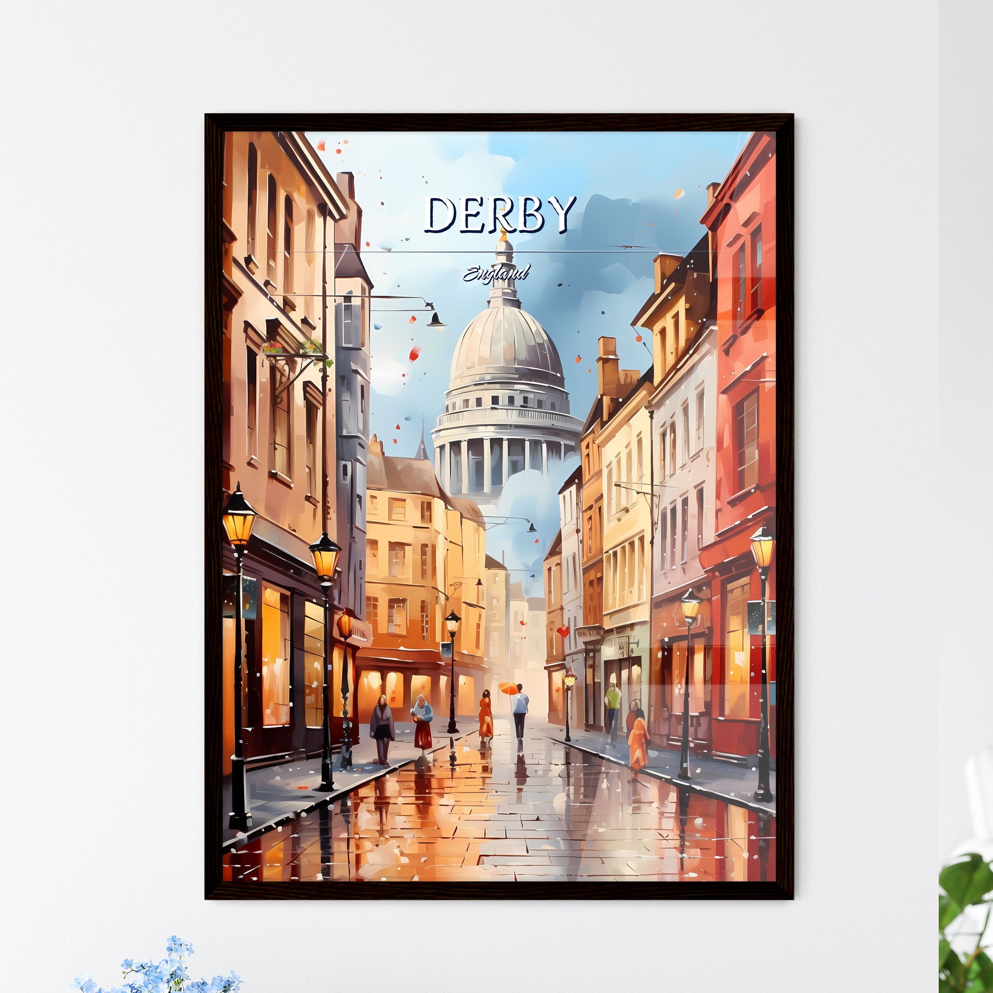 Derby, England - Art print of a street with buildings and a dome in the background Framed Art