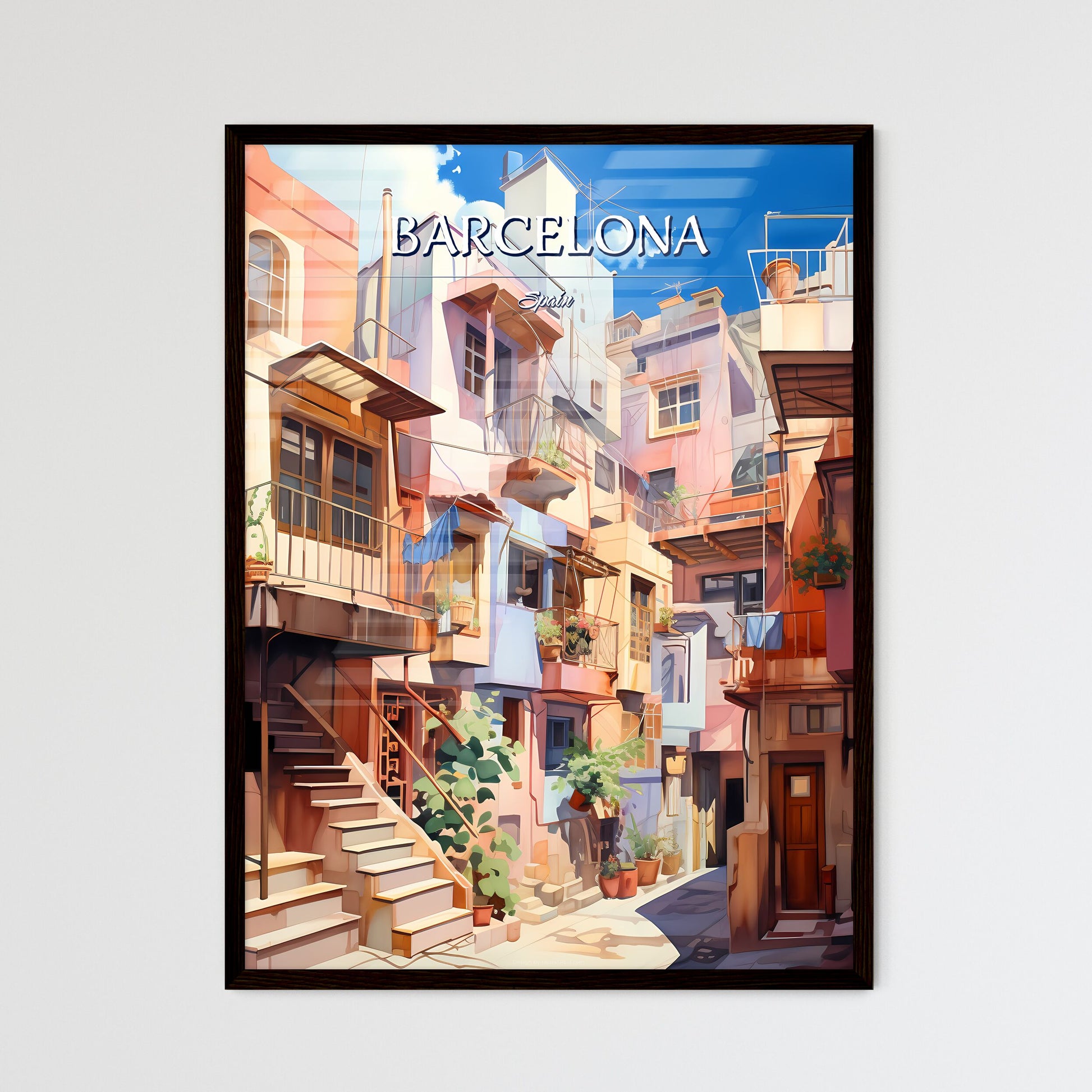 Barcelona, Spain - Art print of a colorful buildings with stairs and balconies Framed Art