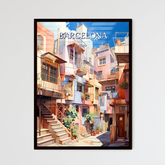 Barcelona, Spain - Art print of a colorful buildings with stairs and balconies Framed Art