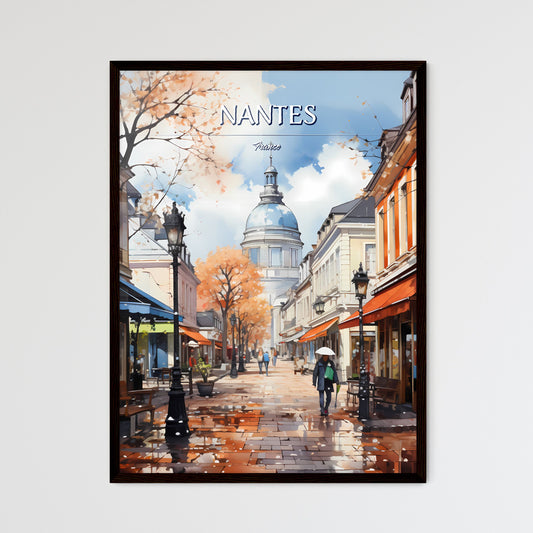 Nantes, France - Art print of a street with people walking on it Framed Art