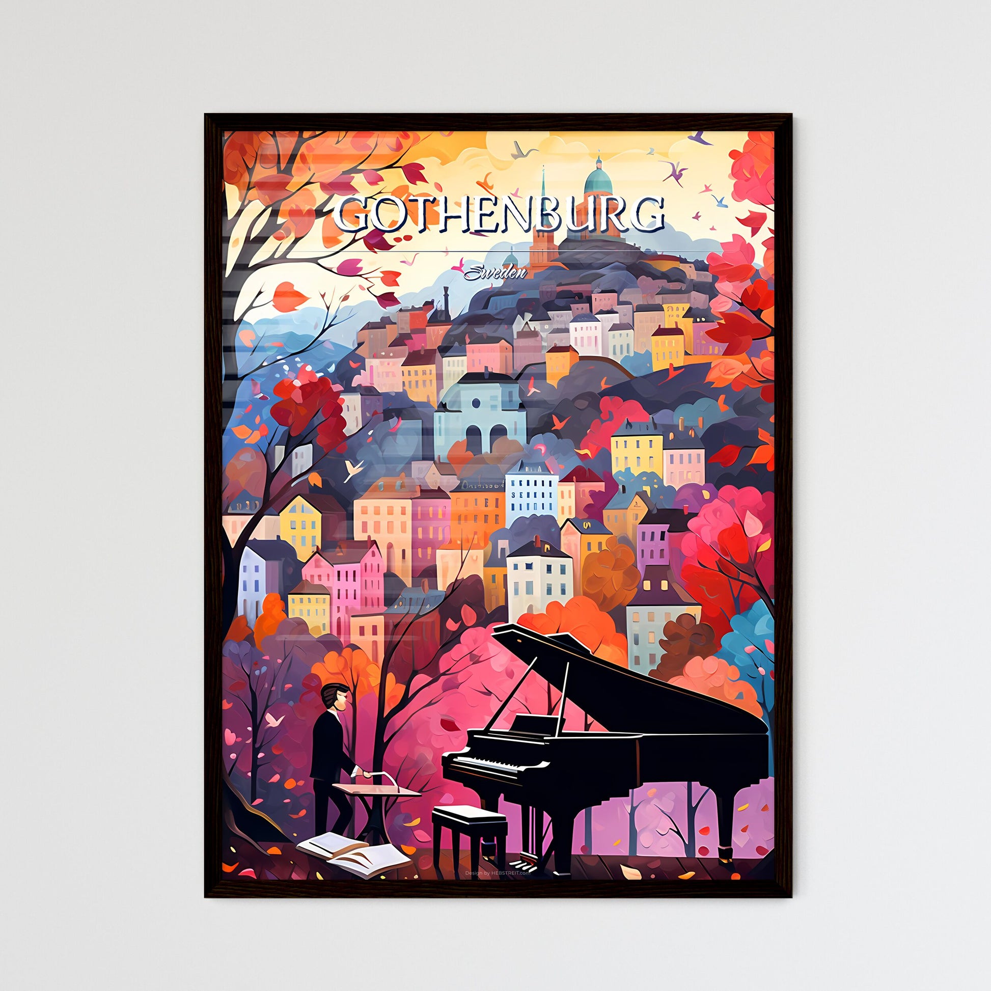 Gothenburg, Sweden, - Art print of a man playing piano in a city Framed Art